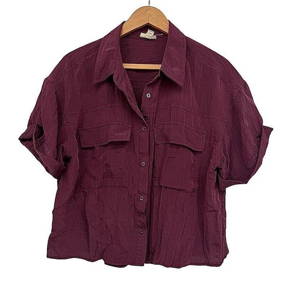 ANA a new approach Button Up Crinkle Cropped Shiny Maroon Blouse Casual Large
